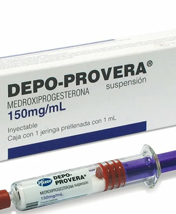 Depo-Provera injectable birth control with syringe and packaging.